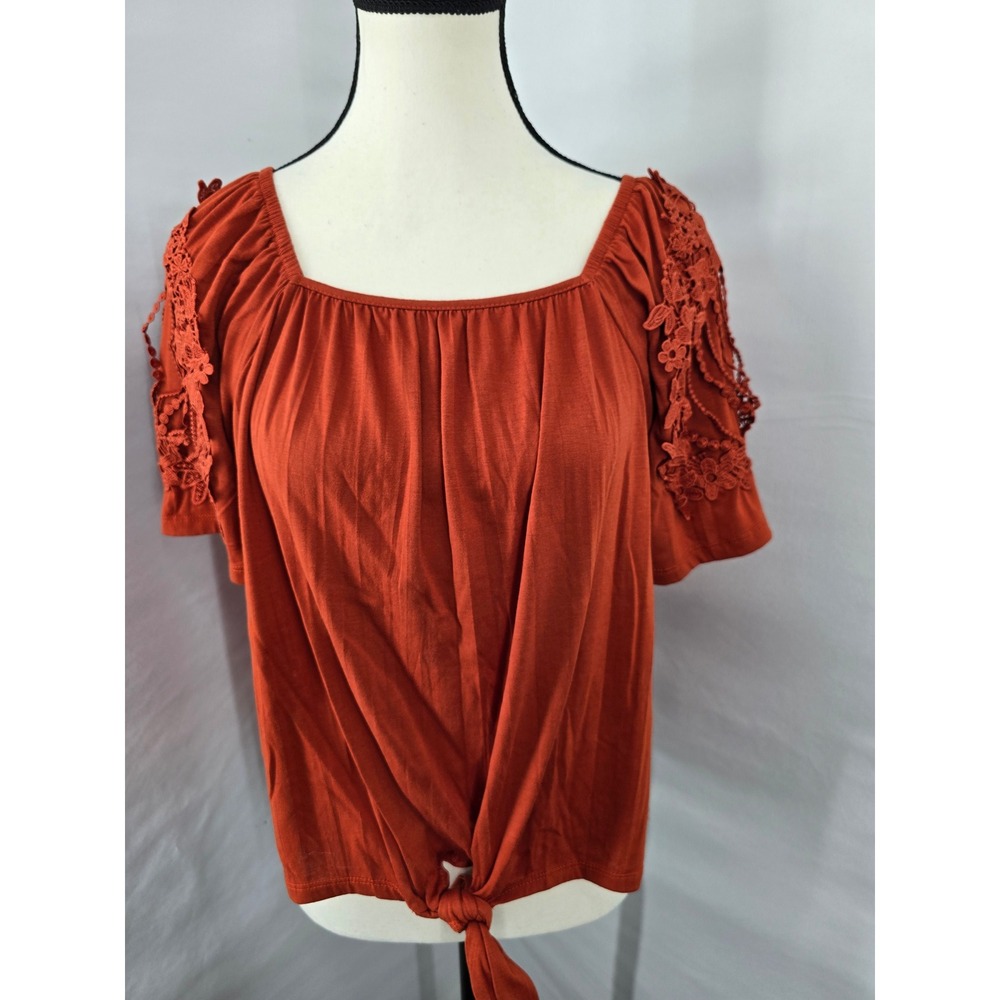80 Park Womens Rust Orange Crochet Lace Sleeve Front Tie Knot Top Medium